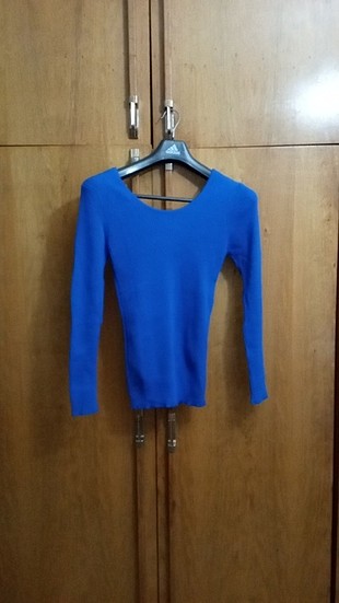 Mavi çok şık kayık yaka triko bluz
