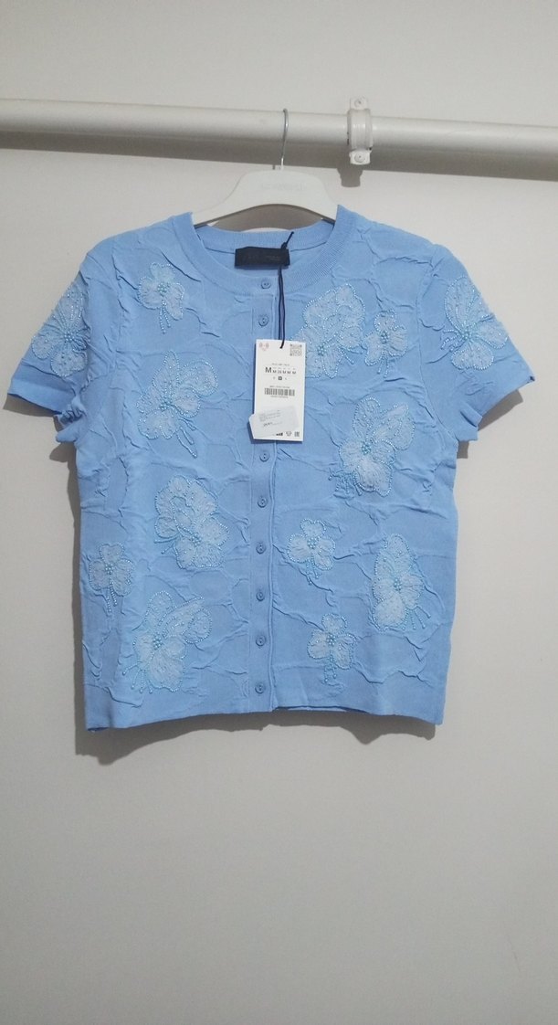 Mavi Kısa Kollu Düğmeli Triko Hırka Orjinal Zara - Görsel 4