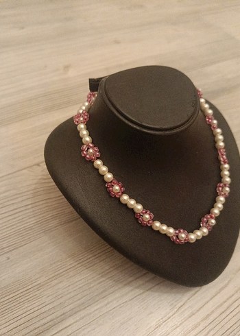 Pembe Çiçekli El Yapımı İnci Boncuk Kolye - Görsel 2