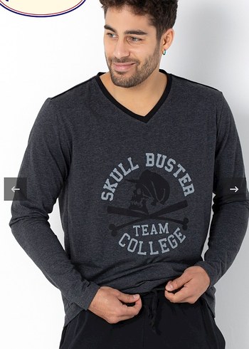 Gri Baskılı Uzun Kollu Erkek Pijama Takımı - Görsel 3