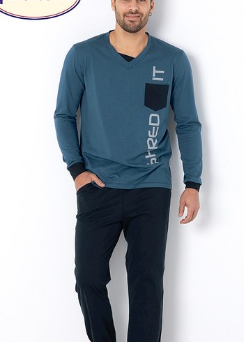 Mavi V Yaka Erkek Pijama Takımı - Görsel 3