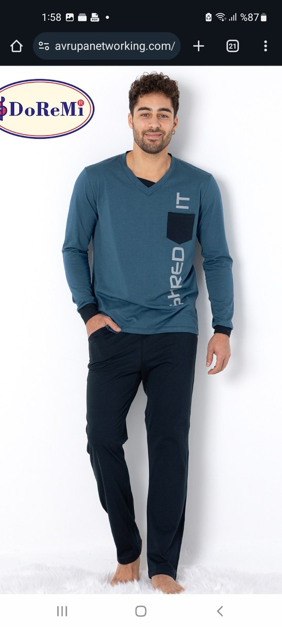 Mavi V Yaka Erkek Pijama Takımı - Görsel 3