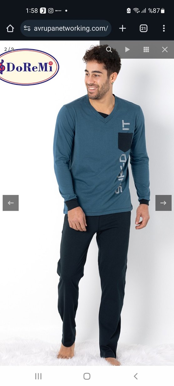 Mavi V Yaka Erkek Pijama Takımı - Görsel 2