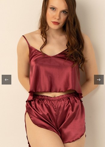 44 Beden bordo Renk Parlak Mini İp Askılı Kadın Pijama Takımı