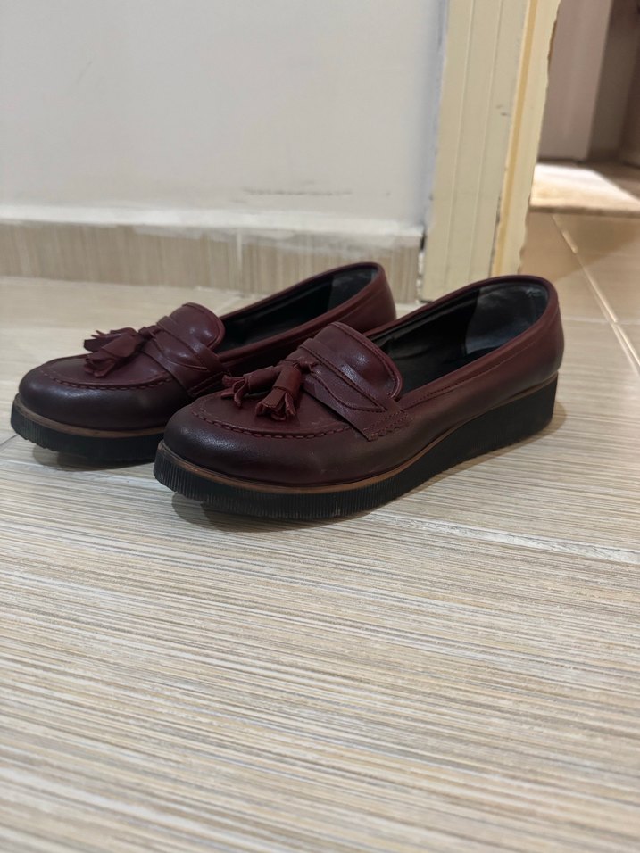 Bordo Deri Püsküllü Platform Topuklu Klasik Ayakkabı - Görsel 2