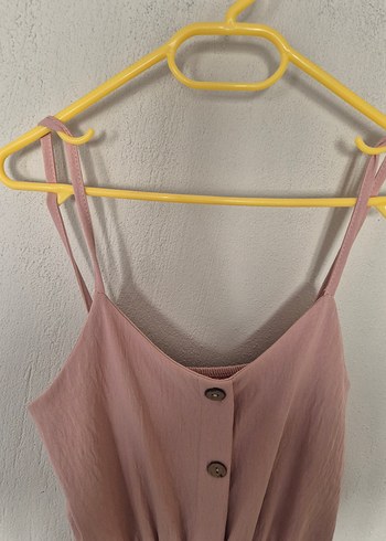 Düğmeli Pembe Uzun Keten Elbise - Görsel 3