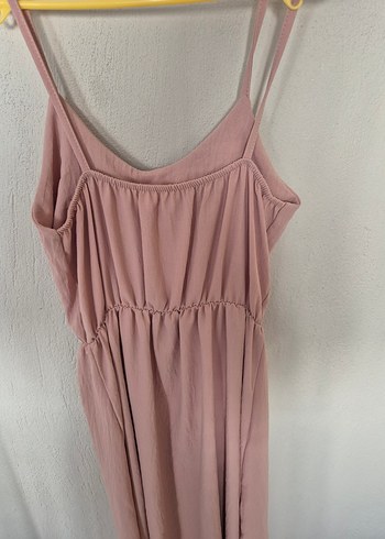 Düğmeli Pembe Uzun Keten Elbise - Görsel 4