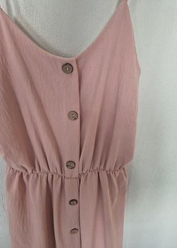 Düğmeli Pembe Uzun Keten Elbise - Görsel 2