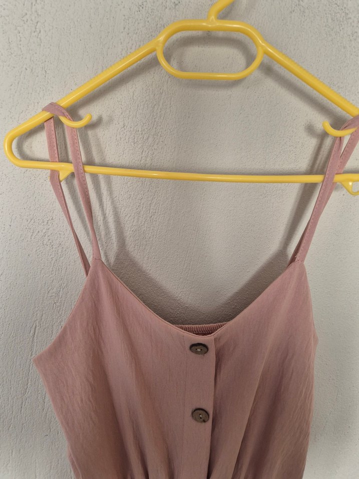 Düğmeli Pembe Uzun Keten Elbise - Görsel 3