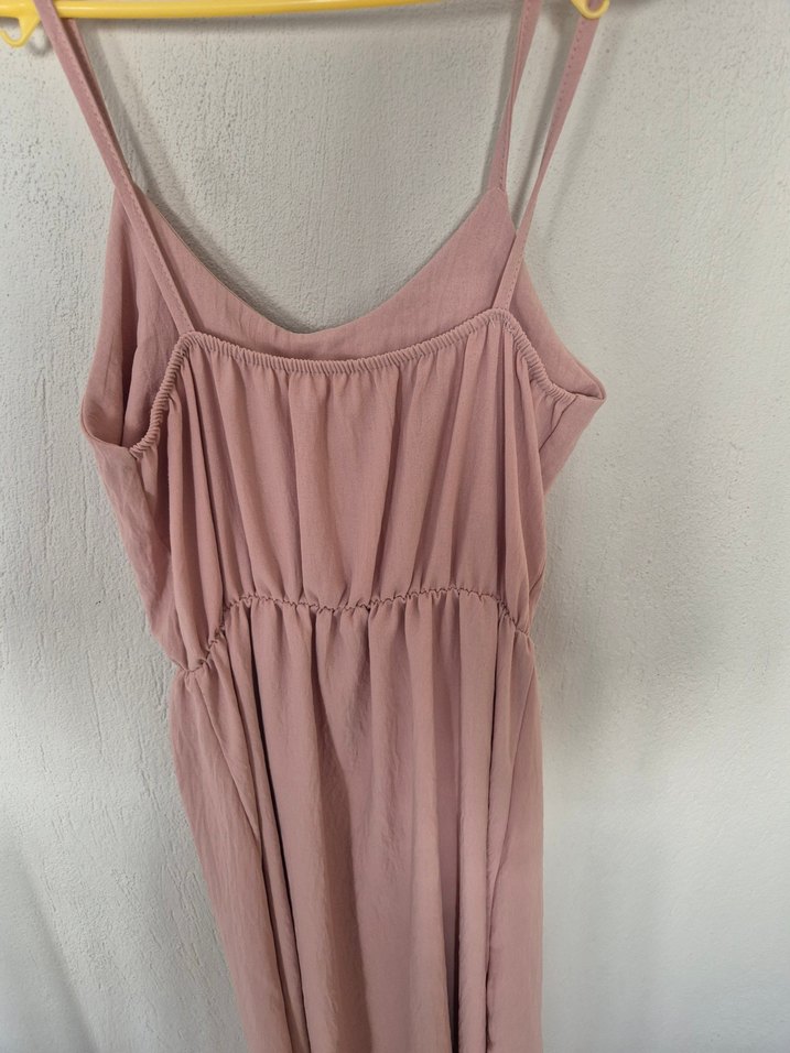 Düğmeli Pembe Uzun Keten Elbise - Görsel 4