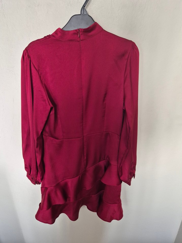 Bordo Parlak Kadın Tunik, Fırfırlı, Uzun Kollu - Görsel 5