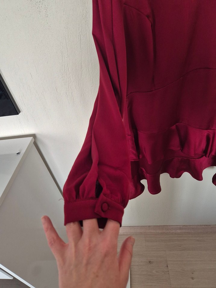 Bordo Parlak Kadın Tunik, Fırfırlı, Uzun Kollu - Görsel 3