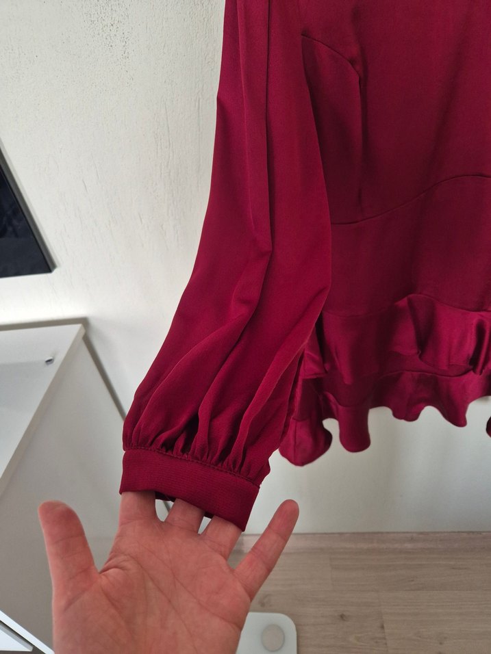 Bordo Parlak Kadın Tunik, Fırfırlı, Uzun Kollu - Görsel 2