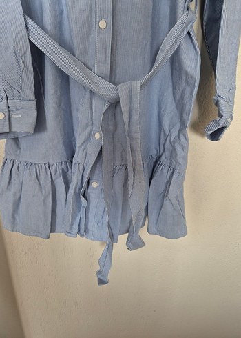 Mavi Kemerli Midi Kadın Keten Gömlek - Görsel 3