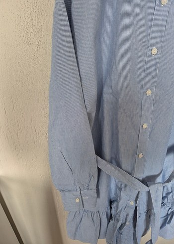 Mavi Kemerli Midi Kadın Keten Gömlek - Görsel 2