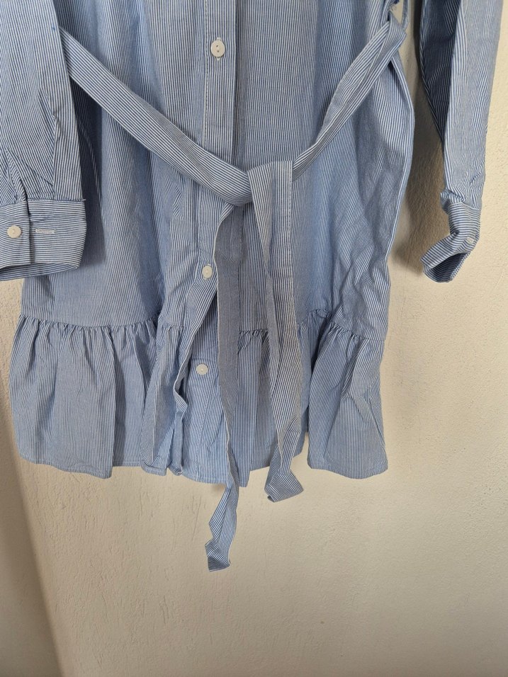 Mavi Kemerli Midi Kadın Keten Gömlek - Görsel 3