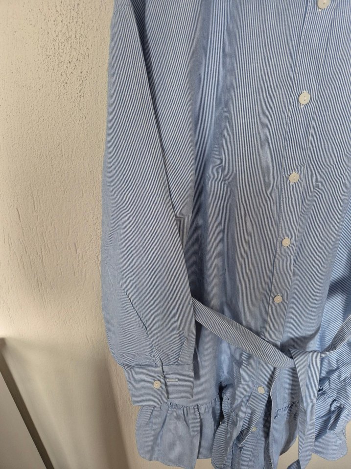 Mavi Kemerli Midi Kadın Keten Gömlek - Görsel 2