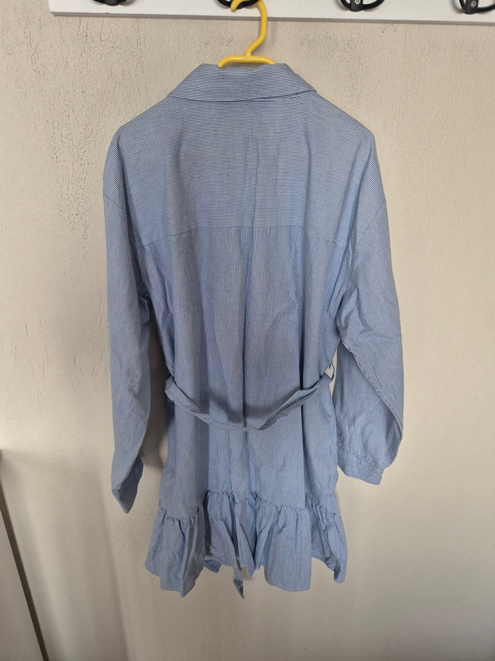 Mavi Kemerli Midi Kadın Keten Gömlek - Görsel 5