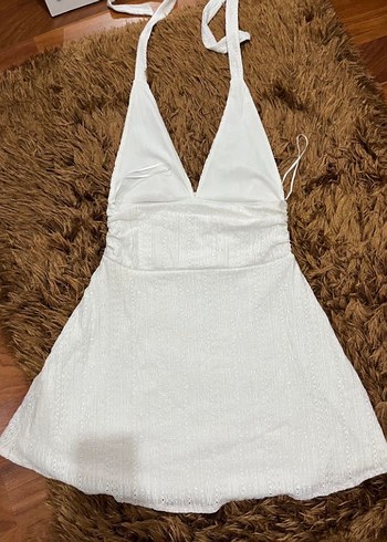 Dantel Detaylı Beyaz V Yaka Midi Elbise - Görsel 6