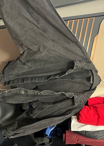 Diğer Koyu Gri Balon Kol Denim Ceket