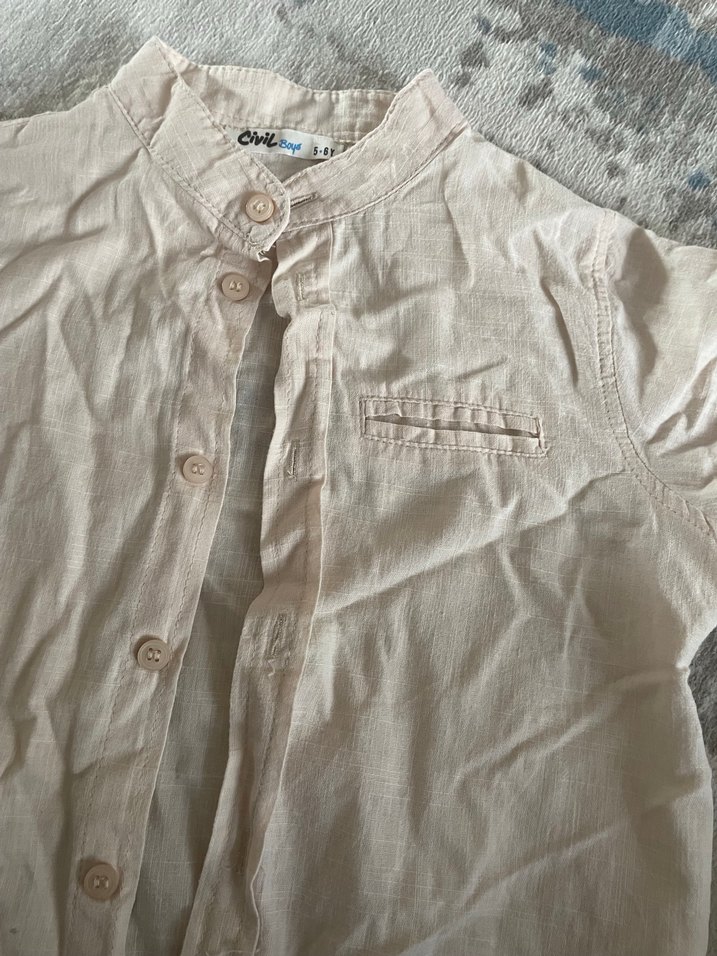 Bej Keten Erkek Çocuk Kısa Kollu Gömlek - Görsel 4