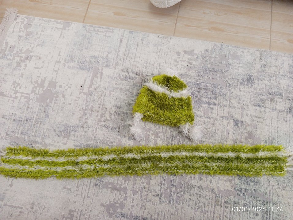 Yeşil Kürklü Örgü Çocuk Bere ve Atkı Seti - Görsel 3