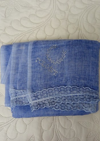 Dantel Detaylı Mavi Keten şal eşarp - Görsel 4