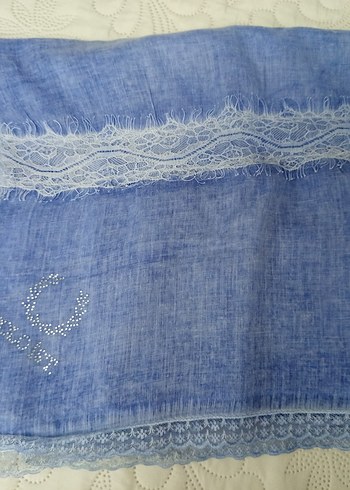 Dantel Detaylı Mavi Keten şal eşarp - Görsel 2