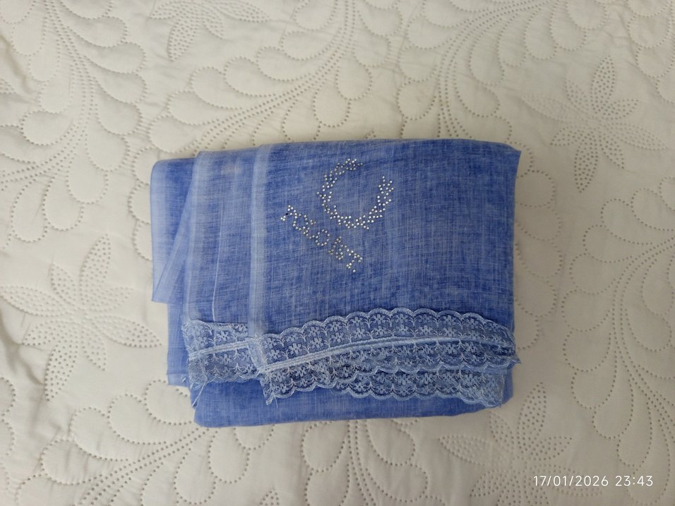 Dantel Detaylı Mavi Keten  şal eşarp - Görsel 3