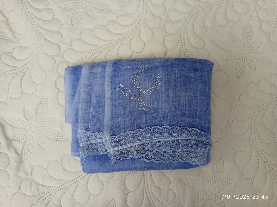 Dantel Detaylı Mavi Keten  şal eşarp - Görsel 4