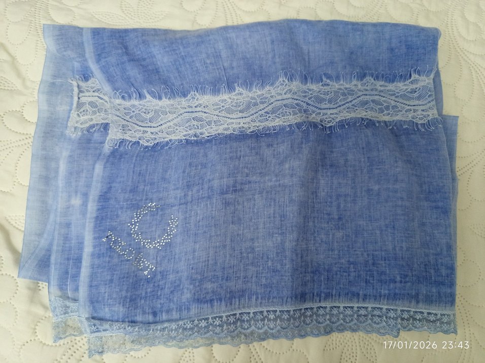 Dantel Detaylı Mavi Keten  şal eşarp - Görsel 2