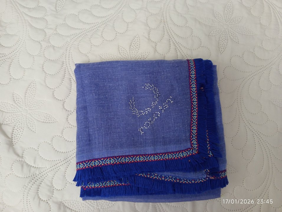 Boncuk Detaylı Mavi Bohem Kadın Şal - Görsel 2