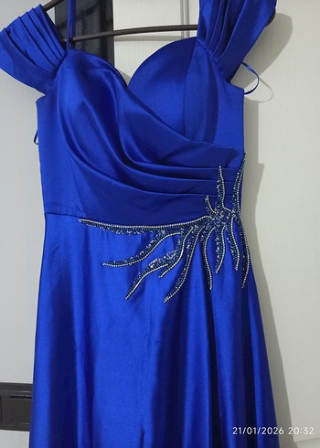 Saten Kumaşlı Drapeli Uzun Lacivert Abiye - Görsel 3