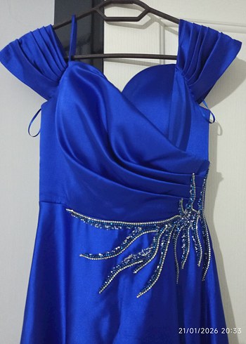 Saten Kumaşlı Drapeli Uzun Lacivert Abiye - Görsel 4