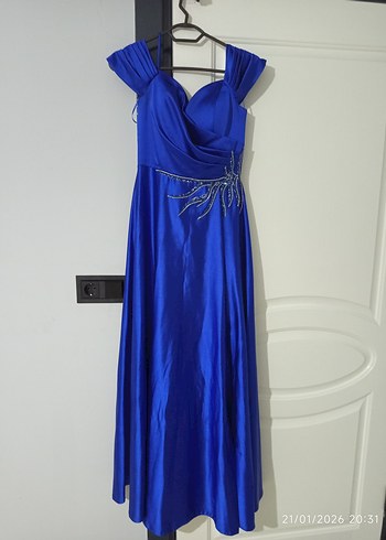 Saten Kumaşlı Drapeli Uzun Lacivert Abiye - Görsel 2