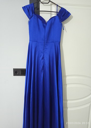 Saten Kumaşlı Drapeli Uzun Lacivert Abiye - Görsel 5