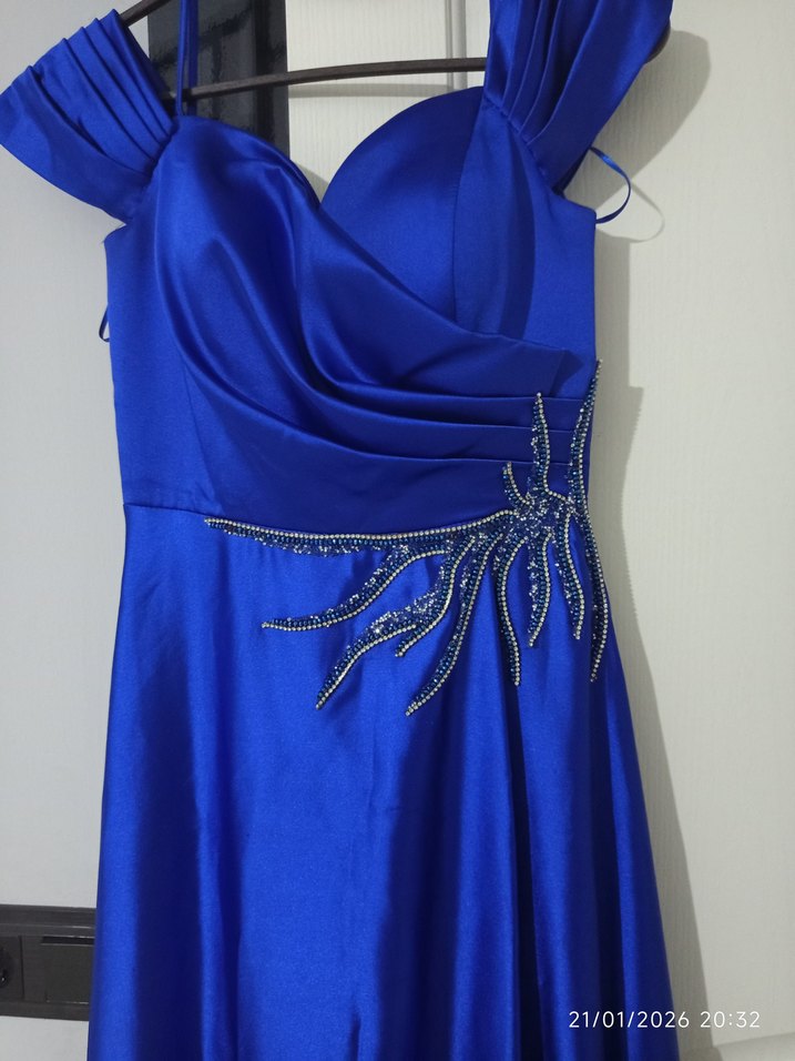 Saten Kumaşlı Drapeli Uzun Lacivert Abiye - Görsel 3