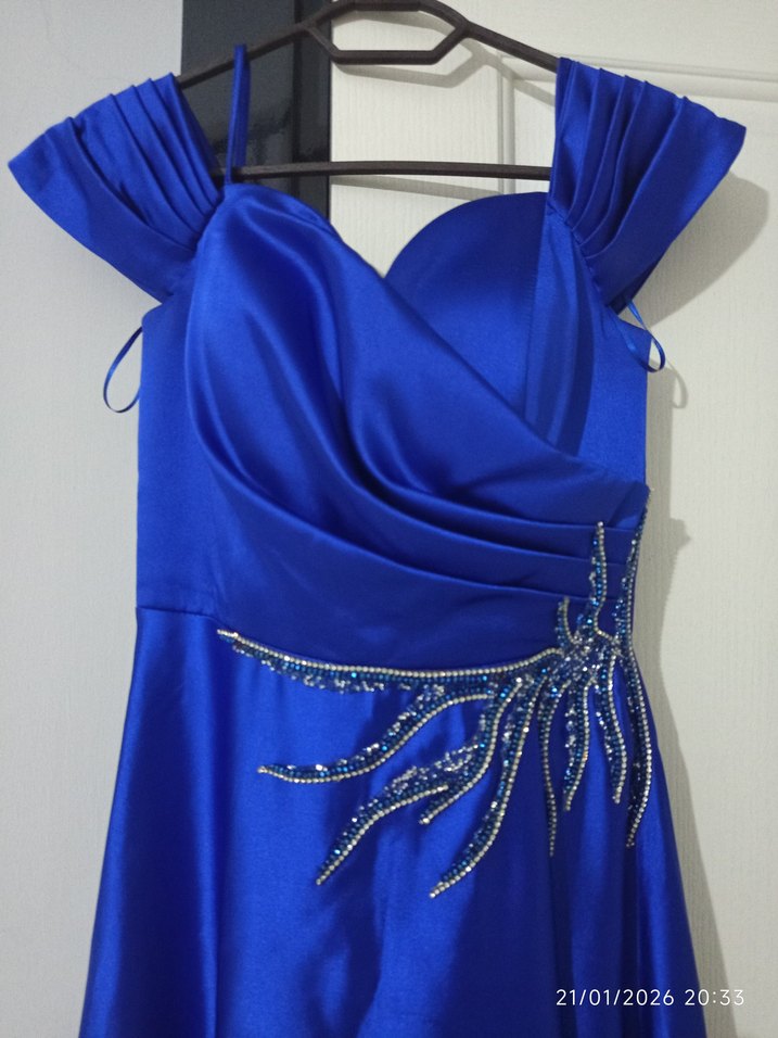 Saten Kumaşlı Drapeli Uzun Lacivert Abiye - Görsel 4