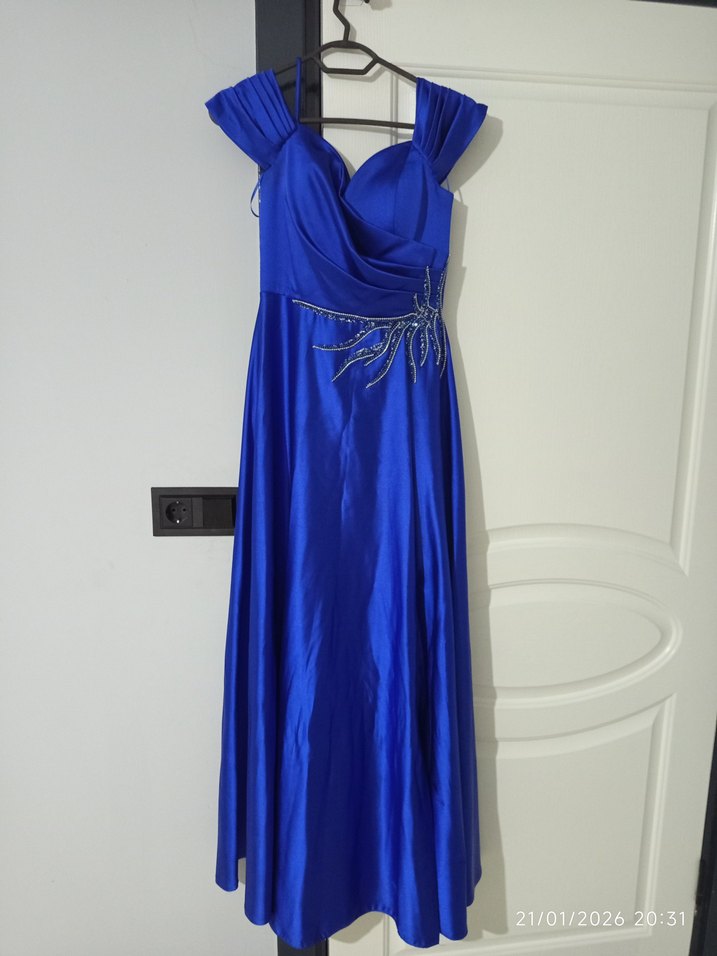 Saten Kumaşlı Drapeli Uzun Lacivert Abiye - Görsel 2