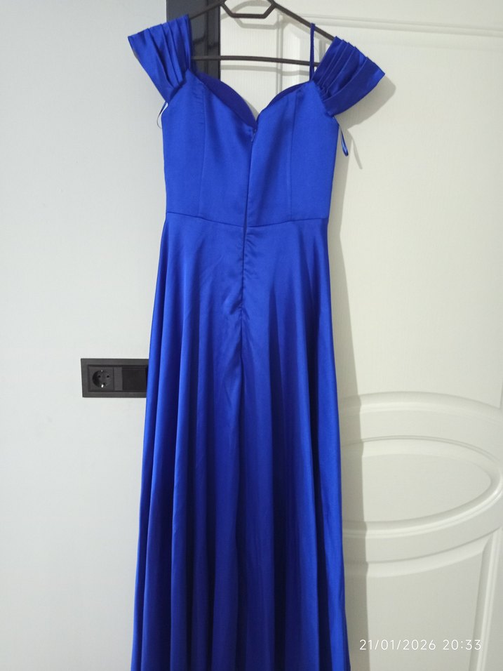 Saten Kumaşlı Drapeli Uzun Lacivert Abiye - Görsel 5