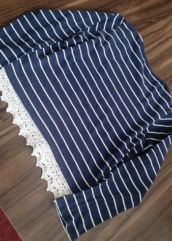 Kız Çocuk Lacivert Çizgili Dantel Detaylı Bluz - Görsel 5