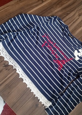 Kız Çocuk Lacivert Çizgili Dantel Detaylı Bluz - Görsel 4