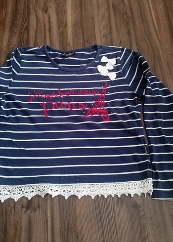 Kız Çocuk Lacivert Çizgili Dantel Detaylı Bluz - Görsel 3