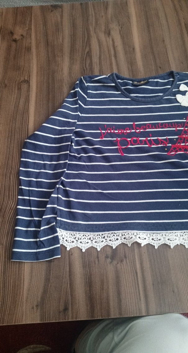 Kız Çocuk Lacivert Çizgili Dantel Detaylı Bluz - Görsel 2