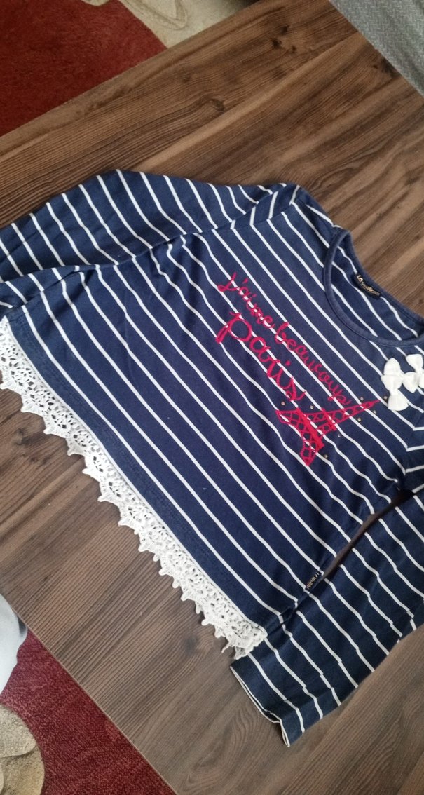 Kız Çocuk Lacivert Çizgili Dantel Detaylı Bluz - Görsel 4