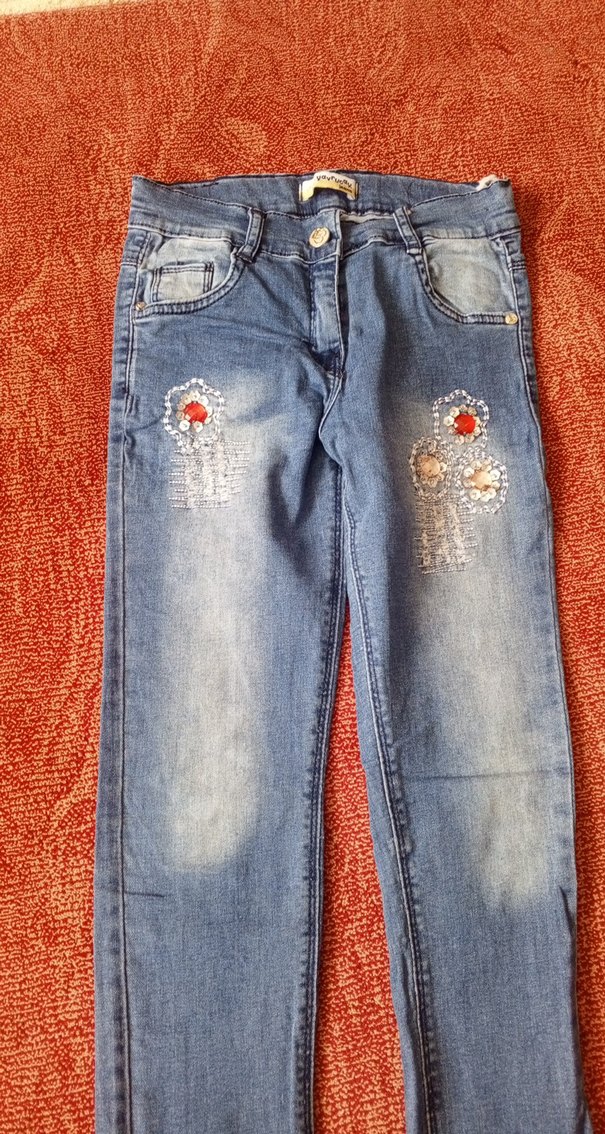 Nakışlı Mavi Kız Kot Pantolon - Görsel 2