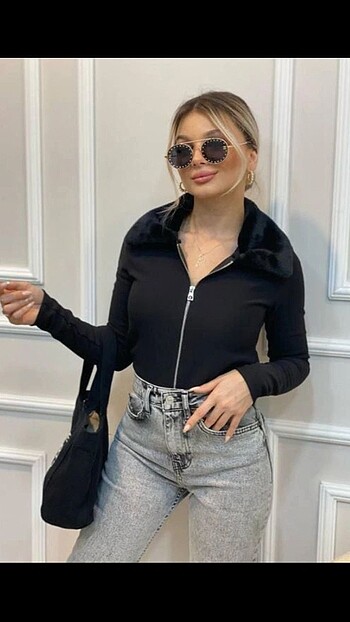s Beden siyah Renk YAKASI KÜRK DETAY FERMUARLI BLUZ