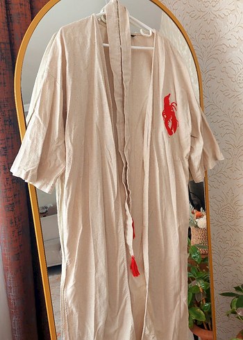 Nakışlı Uzun Keten Kadın Kimono