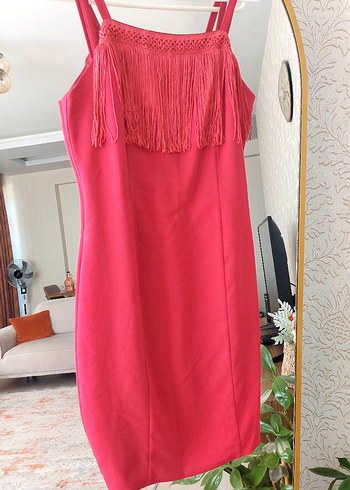 Püsküllü Askılı Pembe Midi Bohem Elbise