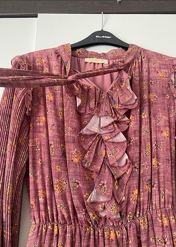 Bordo  pembe tonlarında Uzun Elbise Fırfırlı - Görsel 2